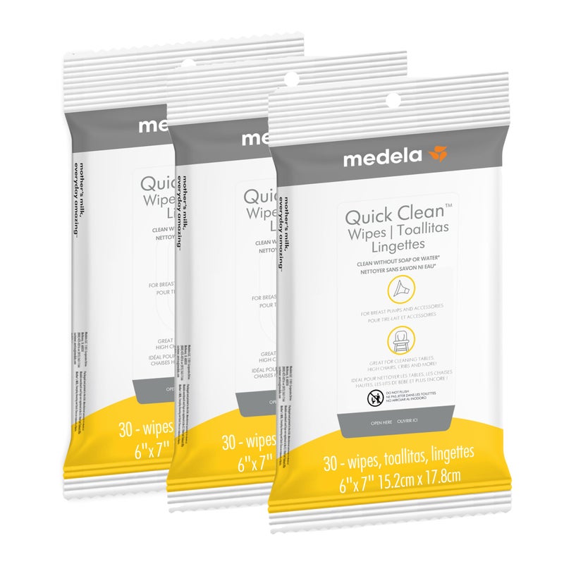 Medela Quick Clean Breast Pump and Accessory Wipes 90ct, 3 Packs of 30 Count, Resealable, Convenient and Hygienic On The Go Cleaning for Tables, Countertops, Chairs, and More - Image 1
