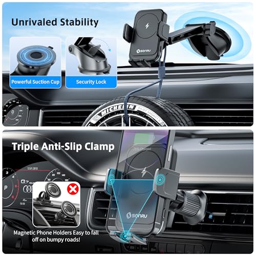SONRU Car Phone Holder Wireless Charger, Qi 15W Wireless Car Charger Fast Charging Auto Clamping Car Charger Mount Suction Holder Dashboard Air Vent for iPhone 16/15/14/13/12/11, Samsung S25/24 - Image 4