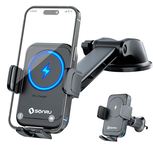 SONRU Car Phone Holder Wireless Charger, Qi 15W Wireless Car Charger Fast Charging Auto Clamping Car Charger Mount Suction Holder Dashboard Air Vent for iPhone 16/15/14/13/12/11, Samsung S25/24 - Image 1