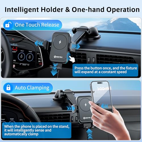SONRU Car Phone Holder Wireless Charger, Qi 15W Wireless Car Charger Fast Charging Auto Clamping Car Charger Mount Suction Holder Dashboard Air Vent for iPhone 16/15/14/13/12/11, Samsung S25/24 - Image 2