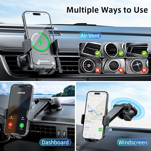 SONRU Car Phone Holder Wireless Charger, Qi 15W Wireless Car Charger Fast Charging Auto Clamping Car Charger Mount Suction Holder Dashboard Air Vent for iPhone 16/15/14/13/12/11, Samsung S25/24 - Image 5