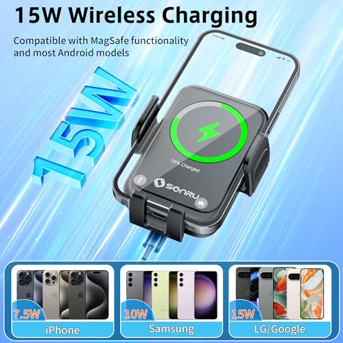 SONRU Car Phone Holder Wireless Charger, Qi 15W Wireless Car Charger Fast Charging Auto Clamping Car Charger Mount Suction Holder Dashboard Air Vent for iPhone 16/15/14/13/12/11, Samsung S25/24 - Image 3
