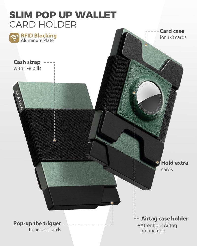VULKIT Mens Wallet With AirTag Holder RFID Blocking, Aluminum Pop Up Card Holder With Expandable Backplate, Holds 12 Cards and Cash for Men and Women Green - Image 2