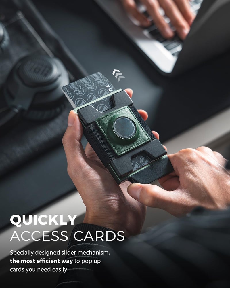 VULKIT Mens Wallet With AirTag Holder RFID Blocking, Aluminum Pop Up Card Holder With Expandable Backplate, Holds 12 Cards and Cash for Men and Women Green - Image 3