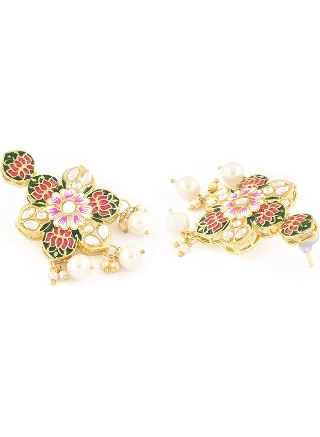 Multicolor Meenakari Lotus Design Multistrand Pearls Long Necklace Earring & Ring Set For Women ZPFK13429  - Image 4