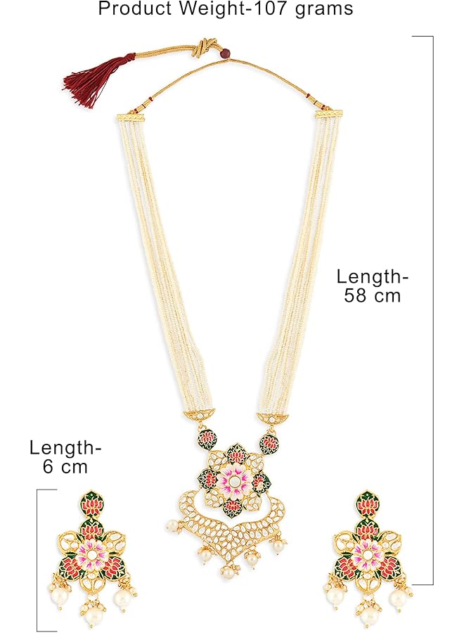 Multicolor Meenakari Lotus Design Multistrand Pearls Long Necklace Earring & Ring Set For Women ZPFK13429  - Image 5