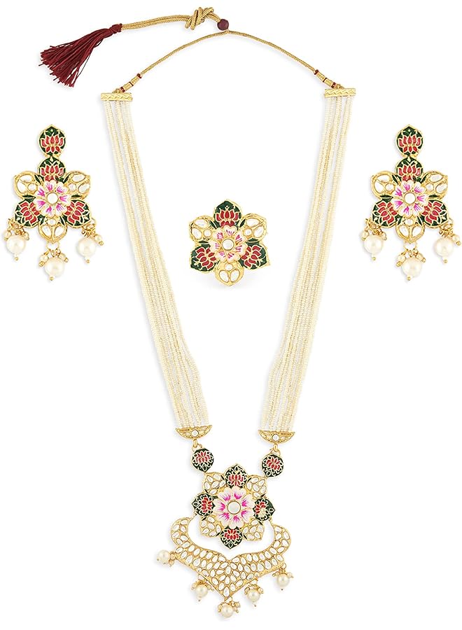 Multicolor Meenakari Lotus Design Multistrand Pearls Long Necklace Earring & Ring Set For Women ZPFK13429  - Image 1