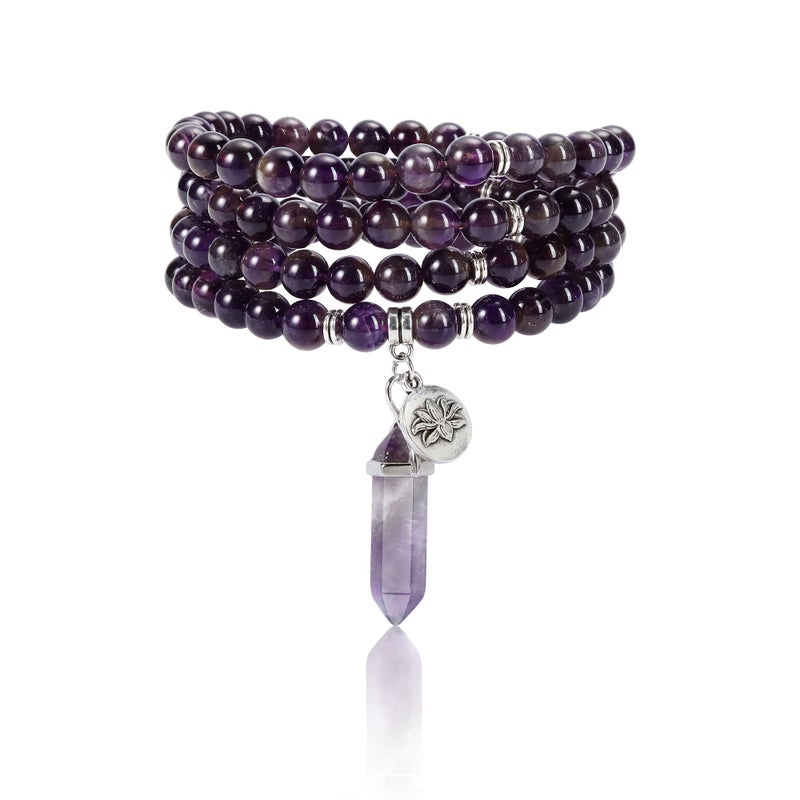 Jovivi Jovivi 108 Mala Beads Bracelet 8mm Natural Amethyst Healing Crystal Stone Mala Prayer Bead Necklace Hexagonal Prism Gemstone Reiki Pointed Pendant for Yoga Meditation Energy Balancing  - Image 1