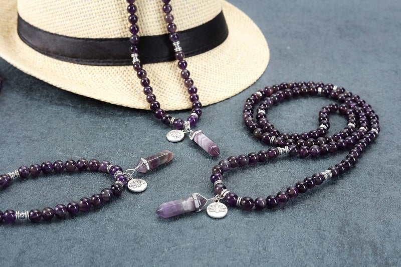 Jovivi Jovivi 108 Mala Beads Bracelet 8mm Natural Amethyst Healing Crystal Stone Mala Prayer Bead Necklace Hexagonal Prism Gemstone Reiki Pointed Pendant for Yoga Meditation Energy Balancing  - Image 4