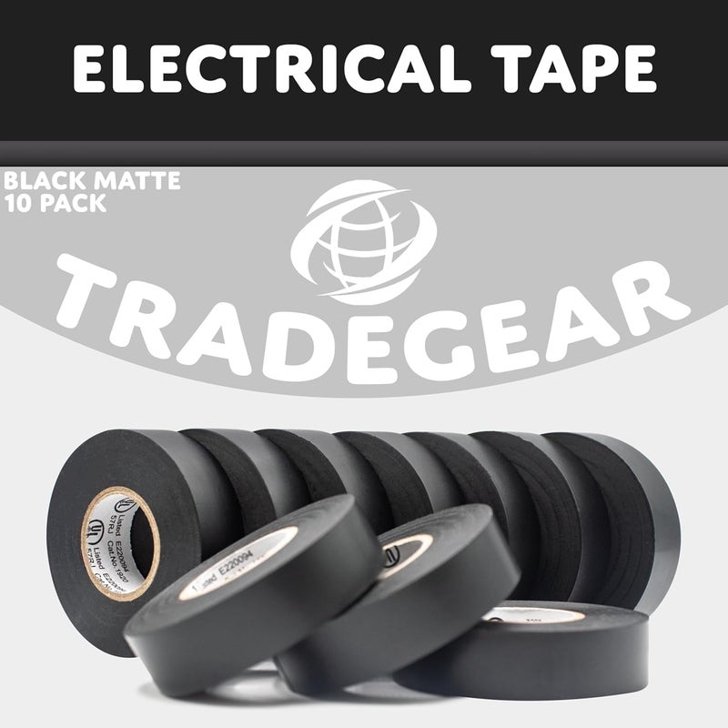 TradeGear Electrical Tape (10PK) Black Matte – Waterproof, Flame Retardant, Strong Rubber Based Adhesive, UL Listed – Rated for Max. 600V and 80oC Use – Measures 60’ x 3/4" x 0.07" - Image 2