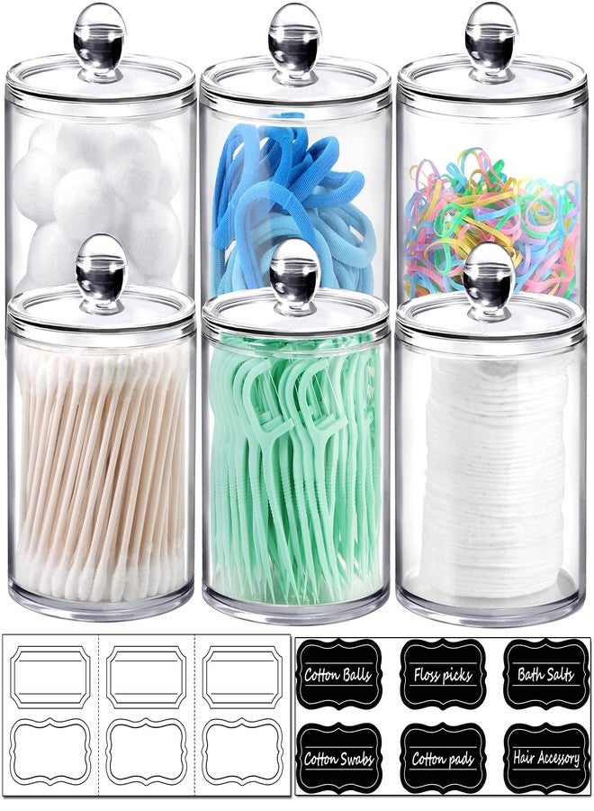 SheeChung 6 Pack Qtip Dispenser Apothecary Jars Bathroom with Labels - Qtip Holder Storage Canister Clear Plastic Acrylic Jar for Cotton Ball, Swab,Pads, Rounds,Floss Picks, Hair Clips (Clear) - Image 1