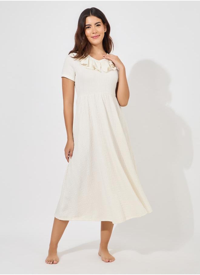 Styli Textured Ruffle Neck Nightdress  - Image 1