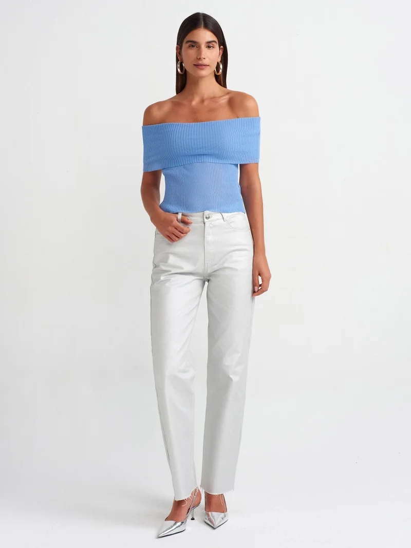 Dilvin 10558 Bardot Collar Ribbed Fine Knitwear Sweater-Blue
