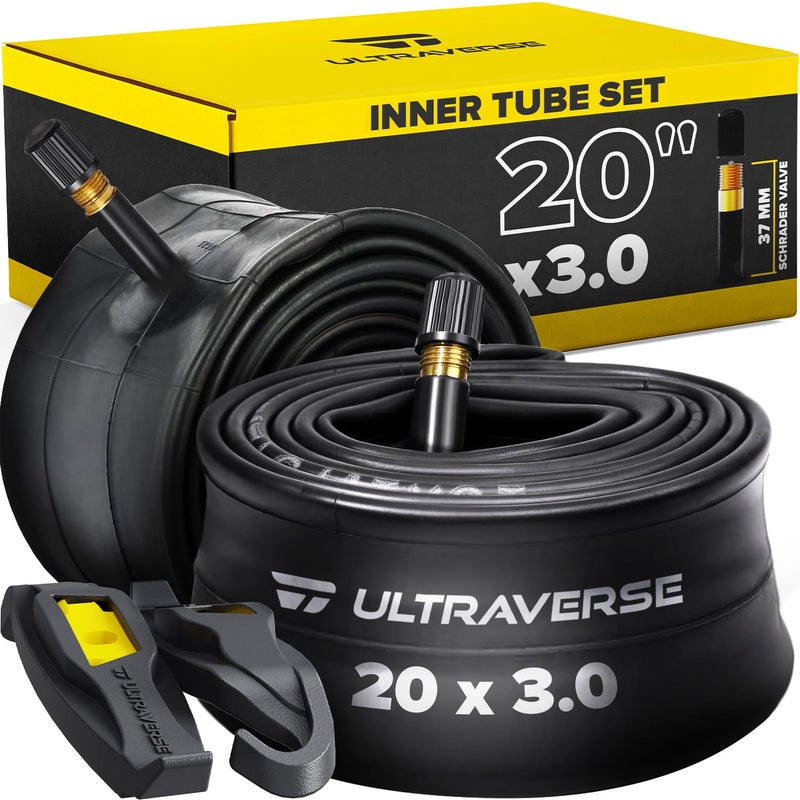 Ultraverse 20 x 3.0 Inner Tube Set with Schrader Valve - Ideal for Mountain Bikes & E-Bikes with 20-Inch Fat Tires - Durable & Reliable Performance- 2 Pack with Tire Levers - Image 1
