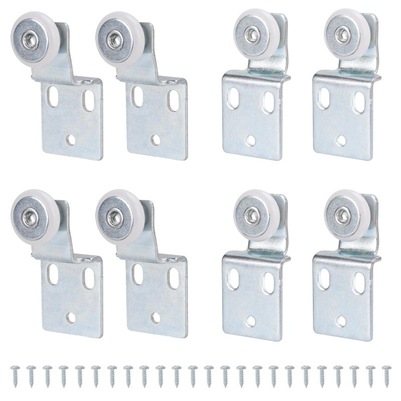 Lashow 4 Pair Sliding Closet Door Roller Kit - Top Hung Door Replacement Hardware with 3/4 Inch Convex Wheels, Ball Bearing, Stamped Steel, 3/8" & 1/2" Offset Brackets - Image 1