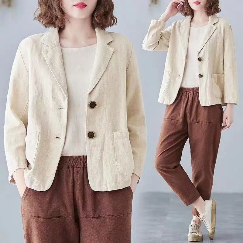 Cotton and Linen Jacket Small Suit 2023 Spring and Summer Loose Artistic Long-sleeved Casual Elegant Sunscreen Clothing for Women Apricot