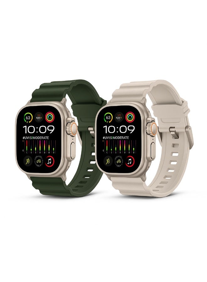 O Ozone (Pack of 2) O Ozone Sports Liquid Silicone Rubber Band with Stainless Steel Adapter for Apple Watch Ultra 1/2 49mm 45mm 44mm 42mm Men, Durable Armor Designed Strap for iWatch Series SE 9 8 7 6 5 4 3- Beige/Green - Image 1