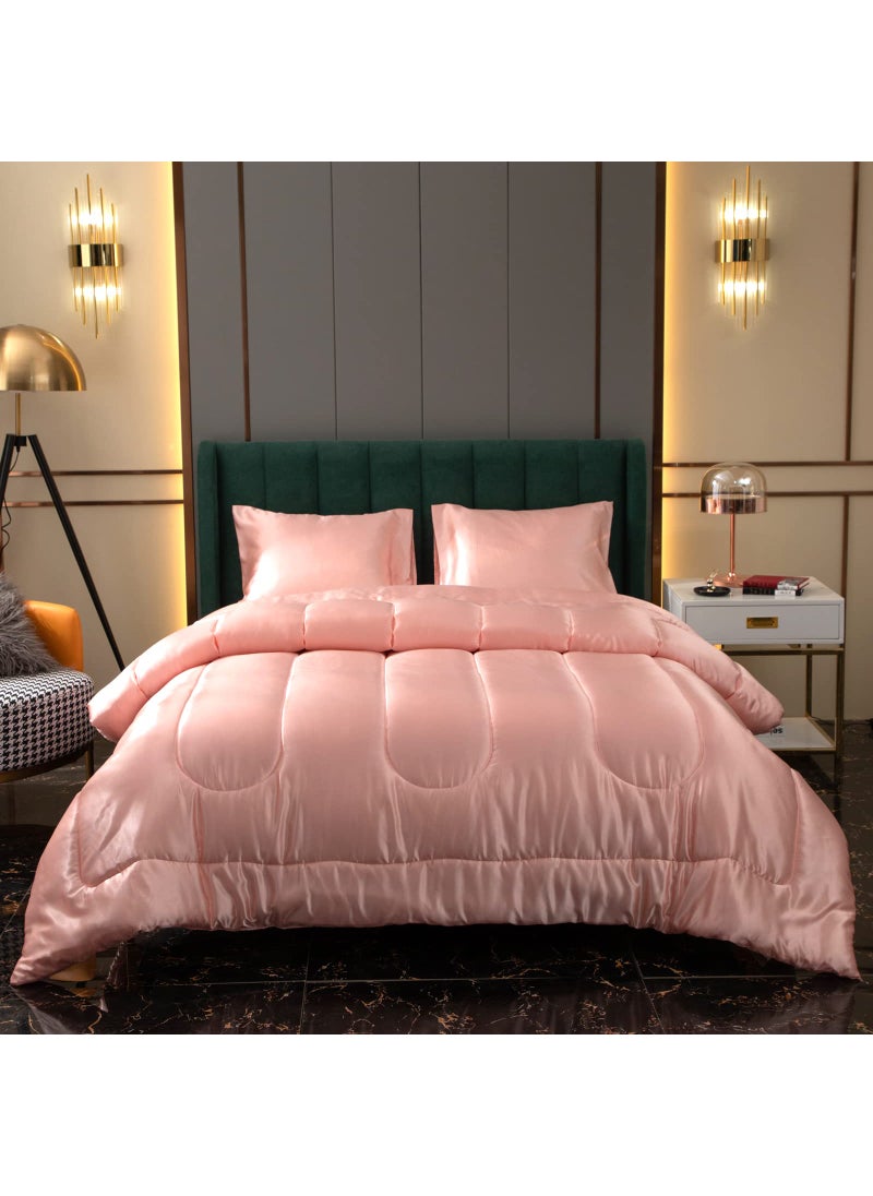 Bedding_Dreamer Luxury Hotel Satin Pink King Size Bed Comforter Set  Silk Like Silky Polyester Filling 1 Comforter 2 Pillowcases 