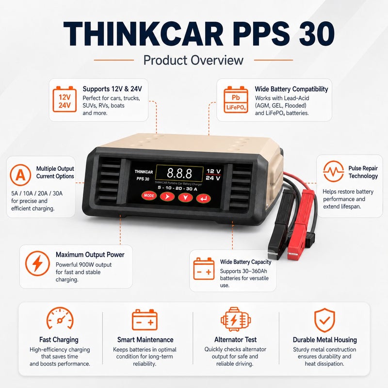 THINKCAR PPS30 Portable Car Battery Charger And Support Unit With 30A Output, 900W Power, Pulse Repair And Programming Support Mode - Image 2