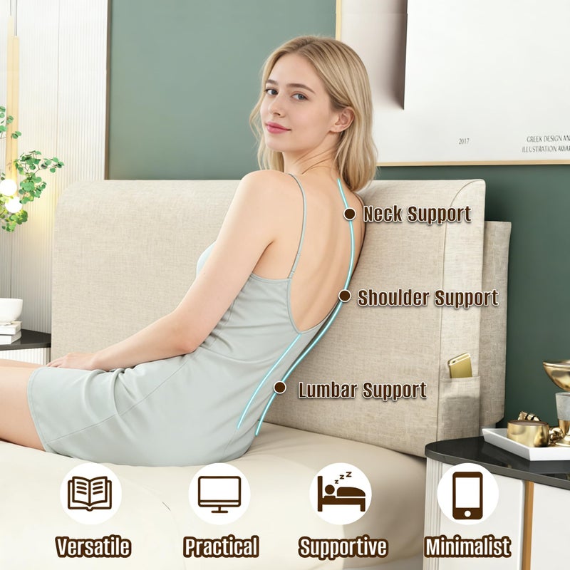 M Mute Touch Queen Headboard Pillow Cushion, Wall Mounted No Drill Headboard Pad for Existing Bed, Upholstered Soft Bed Backrest with Storage Pockets, Removable Washable Cover (Beige) - Image 4