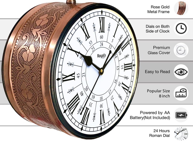 RoyalsCart Double Sided Metal Vintage Station Analog Hanging Wall Clock for Home and Living Room with Antique Rose Gold and 24 Hours Dials on Both Sides [KTWCCR8] - Image 2