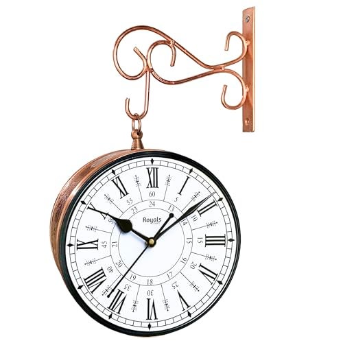 RoyalsCart Double Sided Metal Vintage Station Analog Hanging Wall Clock for Home and Living Room with Antique Rose Gold and 24 Hours Dials on Both Sides [KTWCCR8] - Image 1