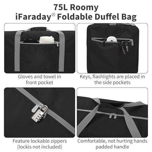 iFARADAY Foldable Duffel Bag 30 inch 75L Large Lightweight Luggage for Travel Camping Storage-Black - Image 2
