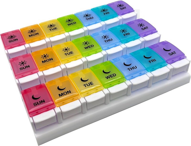 Ezy Dose EZY DOSE Weekly (7-Day) Pill Case, Medicine Planner, Vitamin Organizer Box, Daily Planner, Push Button Compartments, Convenient and Easy to Use, 3 Times a Day, Rainbow Lids, BPA Free 