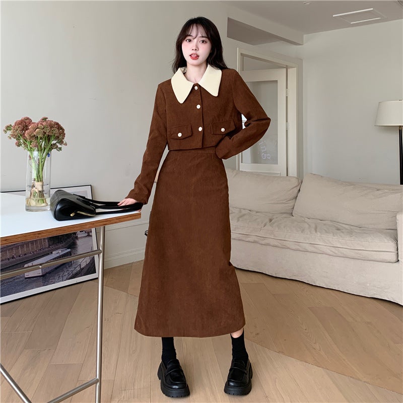 chubby girl plus size Style Lapel Short Coat Half-length Dress Two-piece Autumn and Winter Corduroy dress suit brown two-piece set