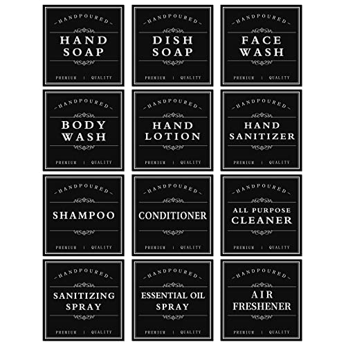 TESWEY White Waterproof Soap Labels for Plastic/Glass Bottles, Bathroom/Kitchen Hand Soap Dispenser Label Stickers, Removable Cleaning Bottle Labels for Soap, Lotion, Shampoo Conditioner, 12Pack (Black) - Image 1