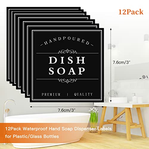 TESWEY White Waterproof Soap Labels for Plastic/Glass Bottles, Bathroom/Kitchen Hand Soap Dispenser Label Stickers, Removable Cleaning Bottle Labels for Soap, Lotion, Shampoo Conditioner, 12Pack (Black) - Image 2