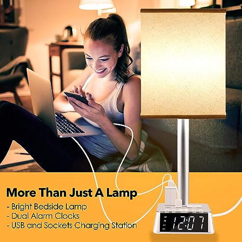 Yostyle Table Lamp Bedside Lamp with 4 USB Ports and AC Power Outlets, Alarm Clock Base w/ 5Ft Extension Cord, Square Oatmeal Fabric Lampshade Modern Accent Nightstand Lamps for Bedrooms Living Room - Image 2