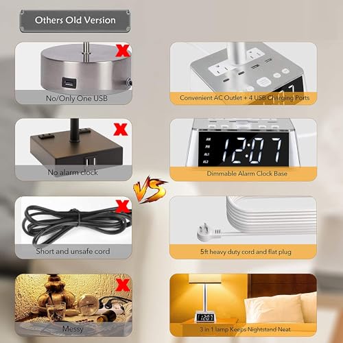 Yostyle Table Lamp Bedside Lamp with 4 USB Ports and AC Power Outlets, Alarm Clock Base w/ 5Ft Extension Cord, Square Oatmeal Fabric Lampshade Modern Accent Nightstand Lamps for Bedrooms Living Room - Image 4