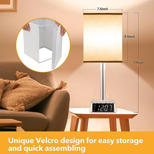 Yostyle Table Lamp Bedside Lamp with 4 USB Ports and AC Power Outlets, Alarm Clock Base w/ 5Ft Extension Cord, Square Oatmeal Fabric Lampshade Modern Accent Nightstand Lamps for Bedrooms Living Room - Image 3