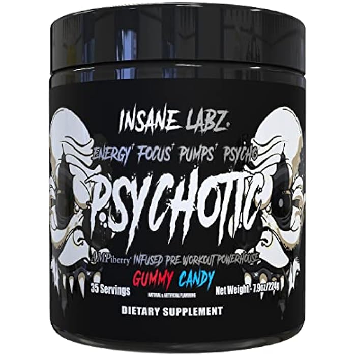 Insane Labz Psychotic Black Edition Mid Stimulant Pre Workout Powder, Energy Focus Pumps, Loaded with Creatine Beta Alanine Taurine Fueled by AMPiberry, 35 Servings (Gummy Candy) - Image 1