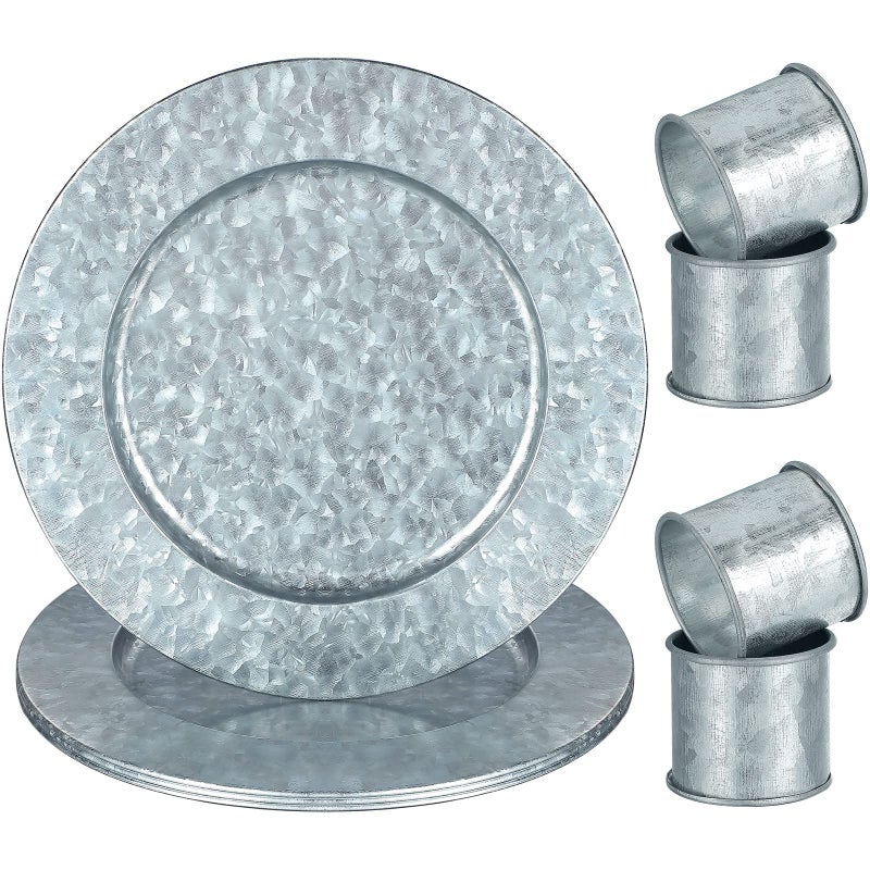 Newtay Newtay Charger Plates 13 Inches Chargers for Dinner Rustic Galvanized Charger Plates Napkin Ring Farmhouse Napkin Modern Rings for Dinning Table Decor Simple Silver4 Sets 