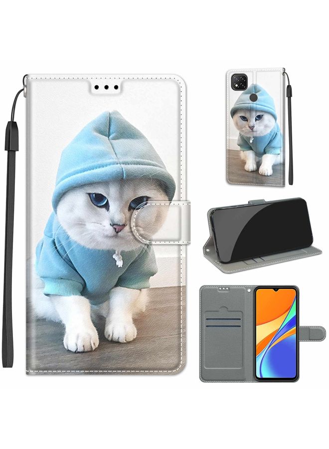 HuHa Case Cover For Xiaomi Redmi 9C Voltage Coloured Drawing Magnetic Clasp Horizontal Flip PU Leather Case with Holder & Card Slots C15 Blue Sweater White Cat