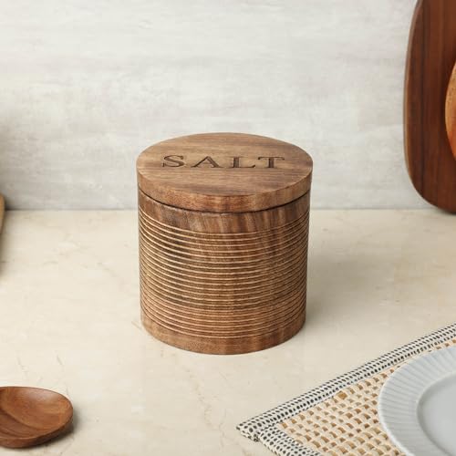 dudki Wooden Salt Box (5 inch x 5 inch) with Magnetic Lid With Wooden Spoon| 800 ML Round Container| Bowl Pot Jar | Textured Salt Box| Kitchen Home| Seasonings - Image 1