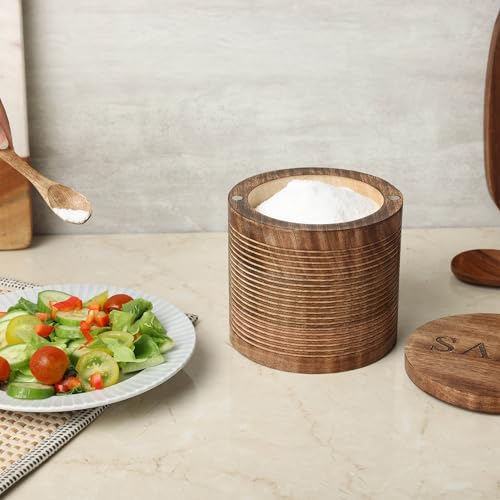dudki Wooden Salt Box (5 inch x 5 inch) with Magnetic Lid With Wooden Spoon| 800 ML Round Container| Bowl Pot Jar | Textured Salt Box| Kitchen Home| Seasonings - Image 3