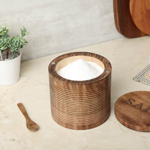 dudki Wooden Salt Box (5 inch x 5 inch) with Magnetic Lid With Wooden Spoon| 800 ML Round Container| Bowl Pot Jar | Textured Salt Box| Kitchen Home| Seasonings - Image 5