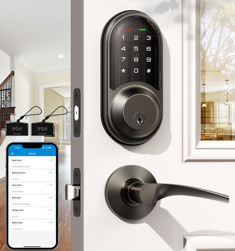 Veise RZ06B Smart Locks for Front Door, 2 Lever Handle Set, Keyless Entry Deadbolt, App Control, Electronic Digital Touchscreen Keypad, Auto Lock, IP54 Waterproof, Easy Installation, Matte Black - Image 1