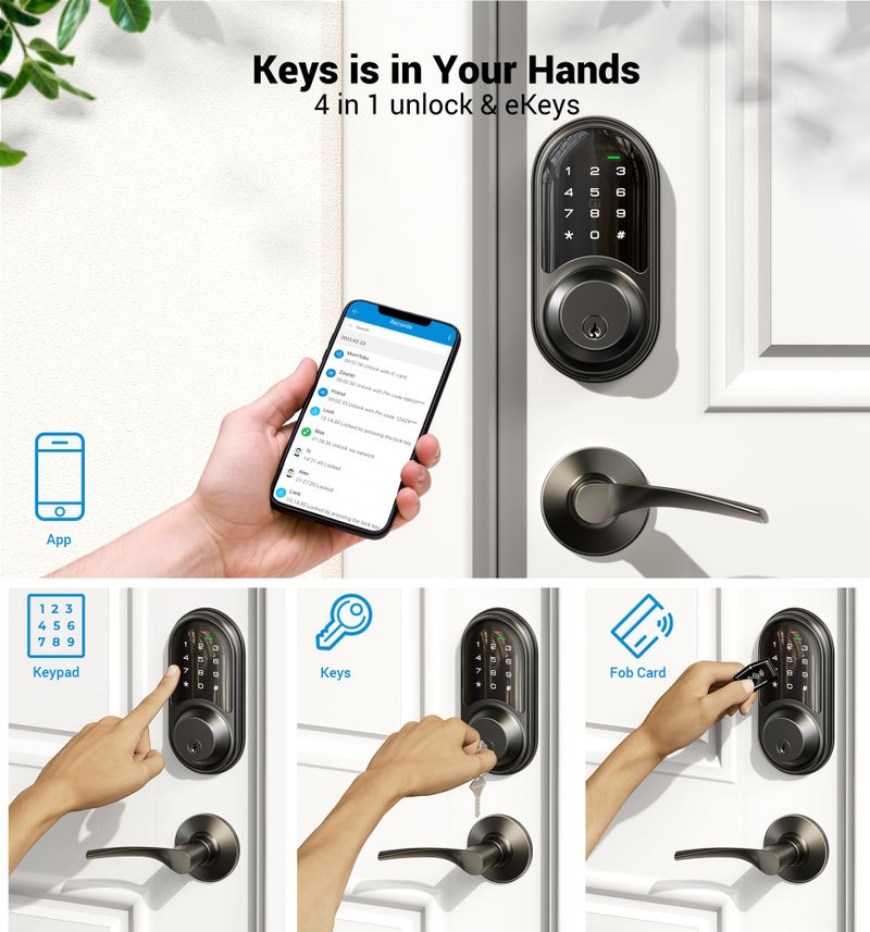Veise RZ06B Smart Locks for Front Door, 2 Lever Handle Set, Keyless Entry Deadbolt, App Control, Electronic Digital Touchscreen Keypad, Auto Lock, IP54 Waterproof, Easy Installation, Matte Black - Image 2