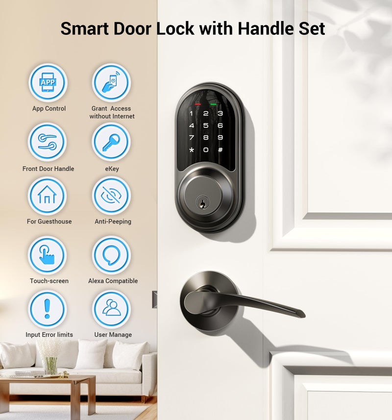 Veise RZ06B Smart Locks for Front Door, 2 Lever Handle Set, Keyless Entry Deadbolt, App Control, Electronic Digital Touchscreen Keypad, Auto Lock, IP54 Waterproof, Easy Installation, Matte Black - Image 4