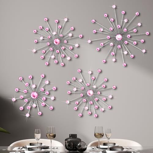 Funnymoom 4 Pcs Pink Starburst Wall Decor Metal Bling Wall Art Pink Crystal Sparkling Rhinestones Bling Decorative Hanging Diamond for Living Room Bedroom Home Office - Image 1