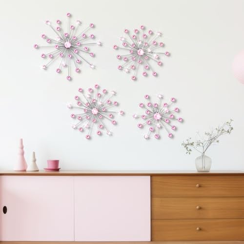 Funnymoom 4 Pcs Pink Starburst Wall Decor Metal Bling Wall Art Pink Crystal Sparkling Rhinestones Bling Decorative Hanging Diamond for Living Room Bedroom Home Office - Image 4