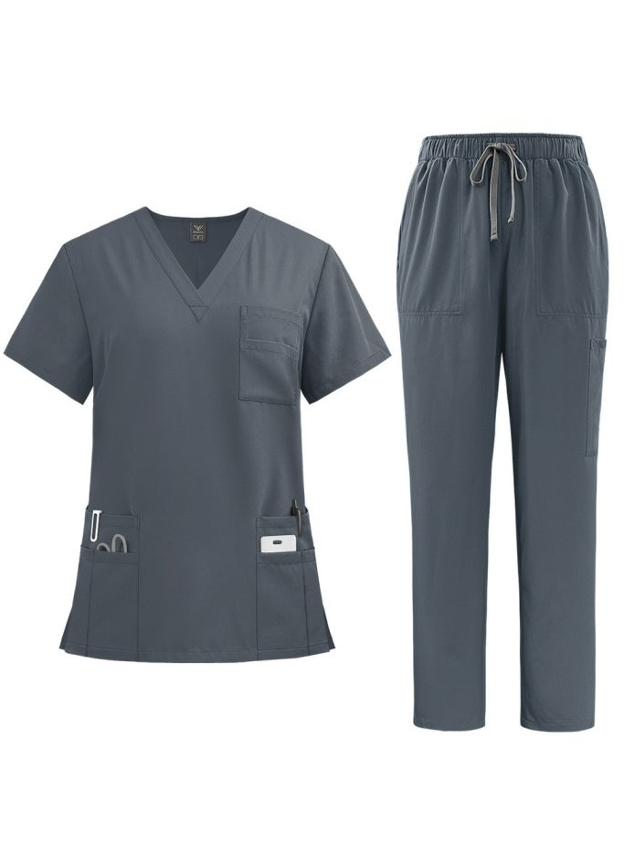 Loquat Medical Uniform Scrubs Set Medical Scrubs 2 Piece Set Top and Pants Suit With Pockets Grey 