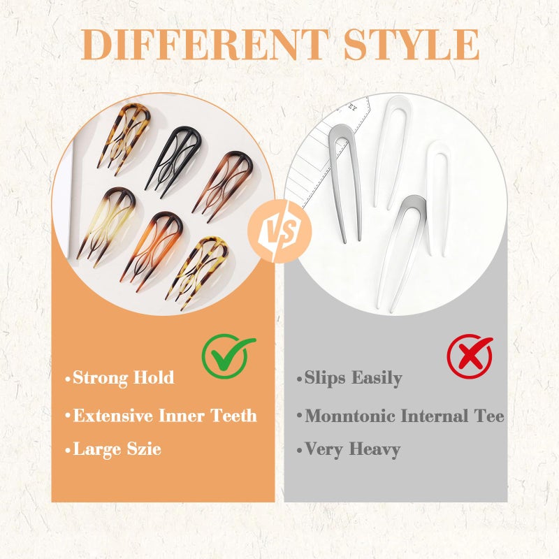 CHLINS 6 PCS French Hair Pins for Women - Large U-Shaped Hair Forks with Internal Teeth, Strong Hold for Thick & Thin Hair, Effortless French Twists, Updos, Buns & Chignons, Hairstyle Accessories - Image 3