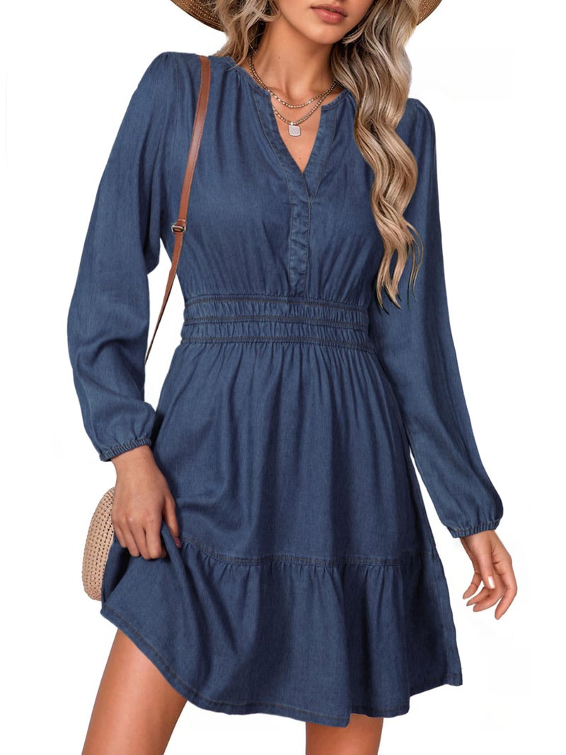 Simplee Womens Fall Denim Dress - Casual Long Sleeve V Neck Empire Waist Ruffle A Line Flowy Short Jean Dresses with Pockets,Denim Navy,S - Image 1