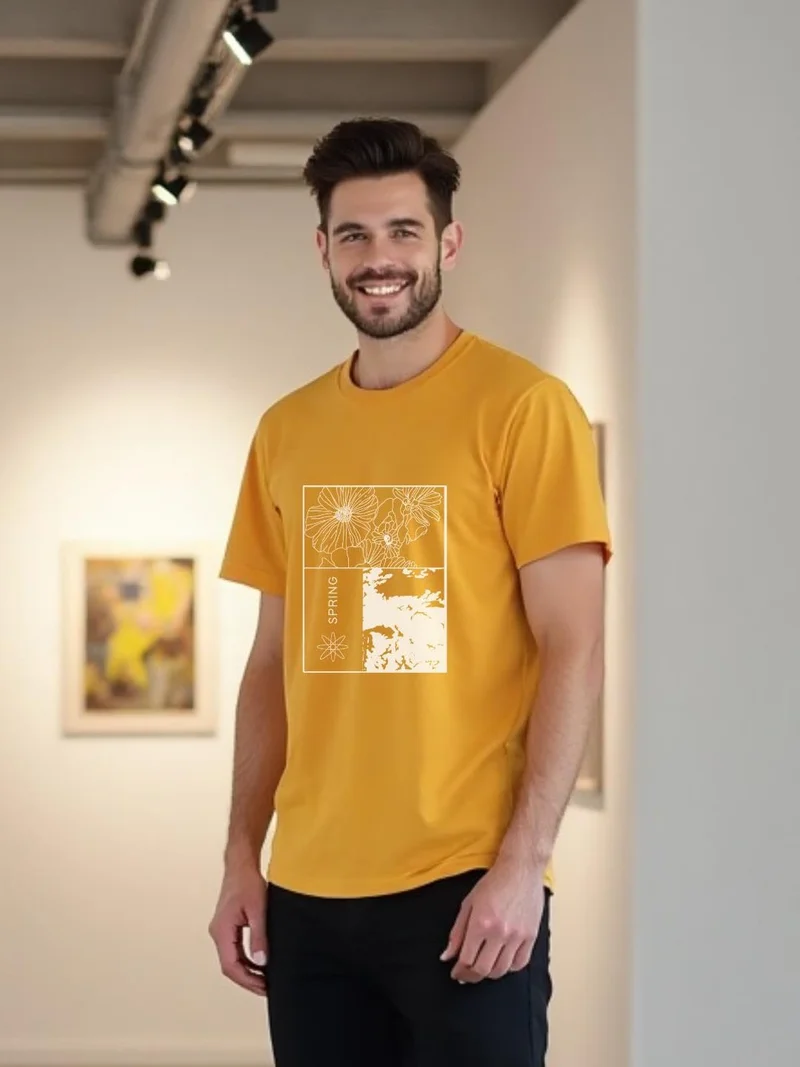 نوبيرو Men's Cotton Regular Fit T-Shirt in Mustard