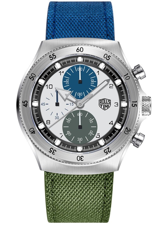 RollsTimi  New Men's Chronograph Quartz Watches, 43MM Stainless Steel Dial, Blue-Green Nylon Leather Strap, Imported Movement, RT7932  - Image 1